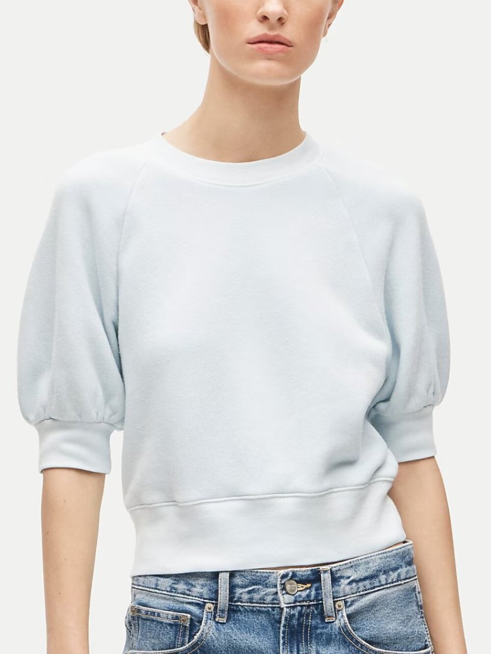 J. Crew Heritage Terry Cotton Puff Sleeve Sweatshirt Light Blue Size L NWT